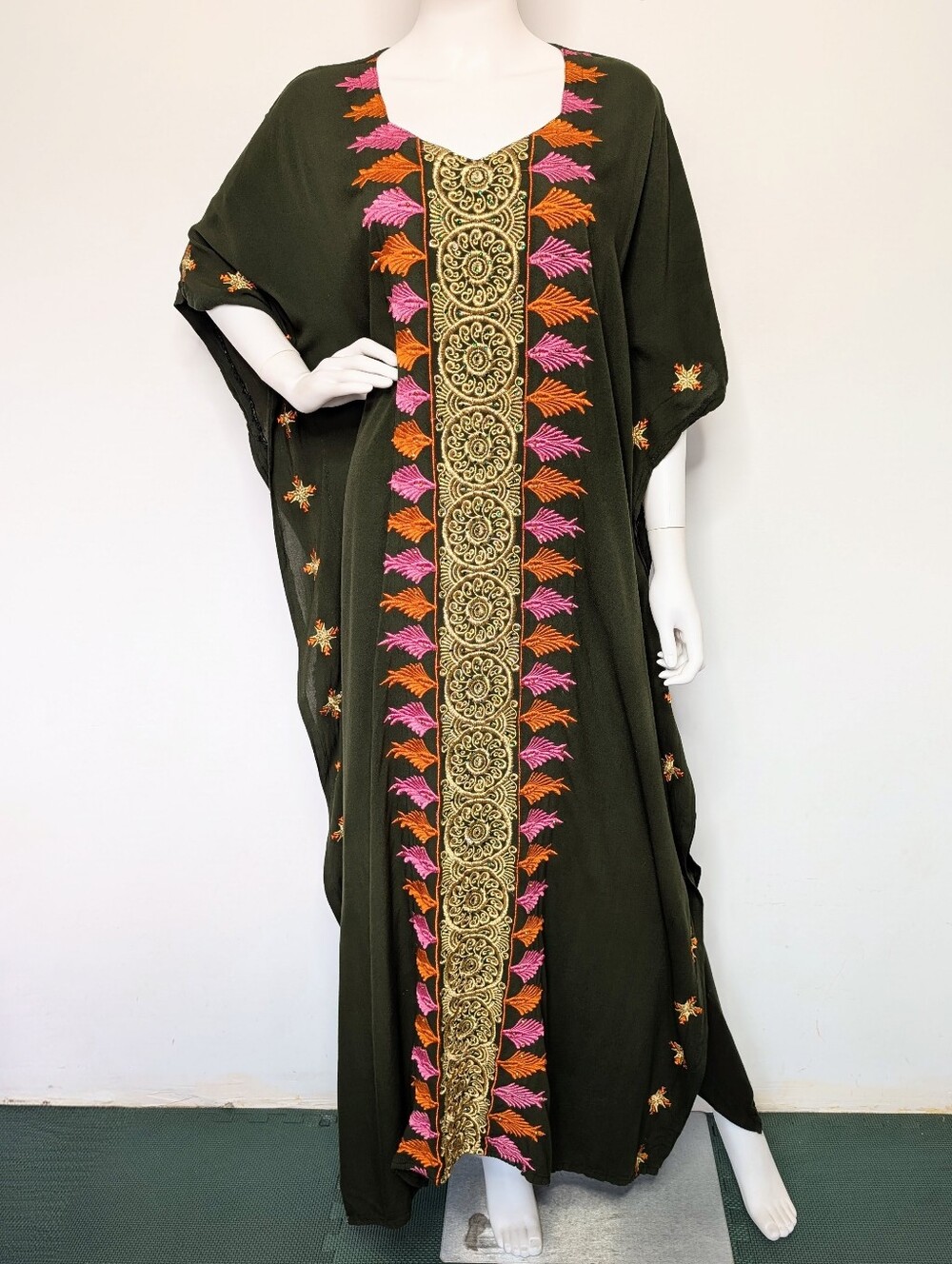 Vintage Dark Green With Gold, Pink & Orange Embroidery Batwing Kaftan Maxi Dress